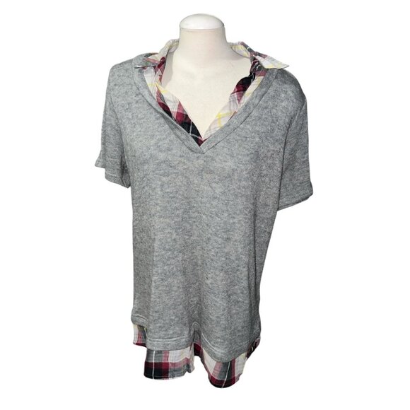 Maurices Gray Knit Top With Plaid Collar & Hem Layered Look Womens Size 1 - Picture 5 of 10